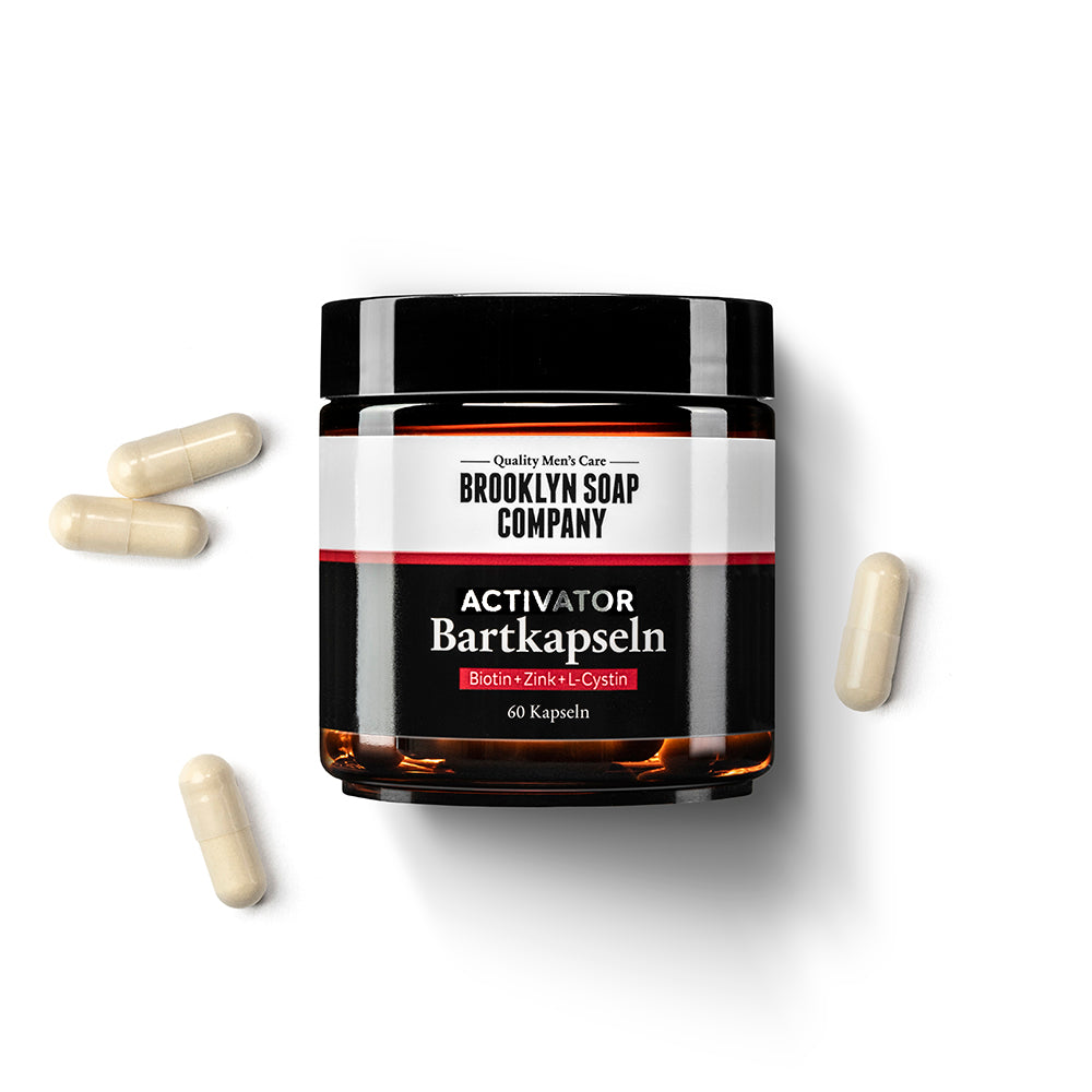 Die Activator Bartkapseln mit einer hochwirksamen Kombination aus Biotin, Zink und L-Cystin für gesundes Bartwachstum von innen.
