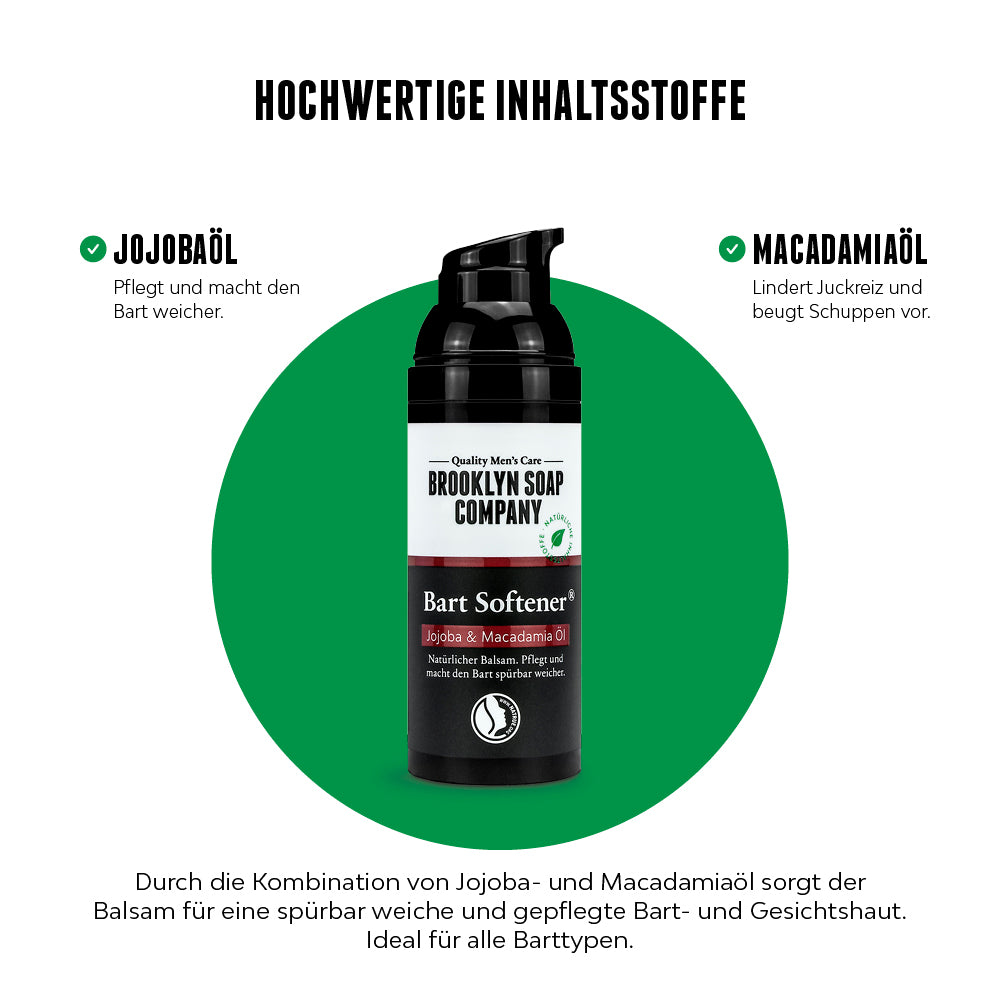Bart Softener mot Jojobaöl und Macadamiaöl gegen Juckreiz und Bartschuppen.