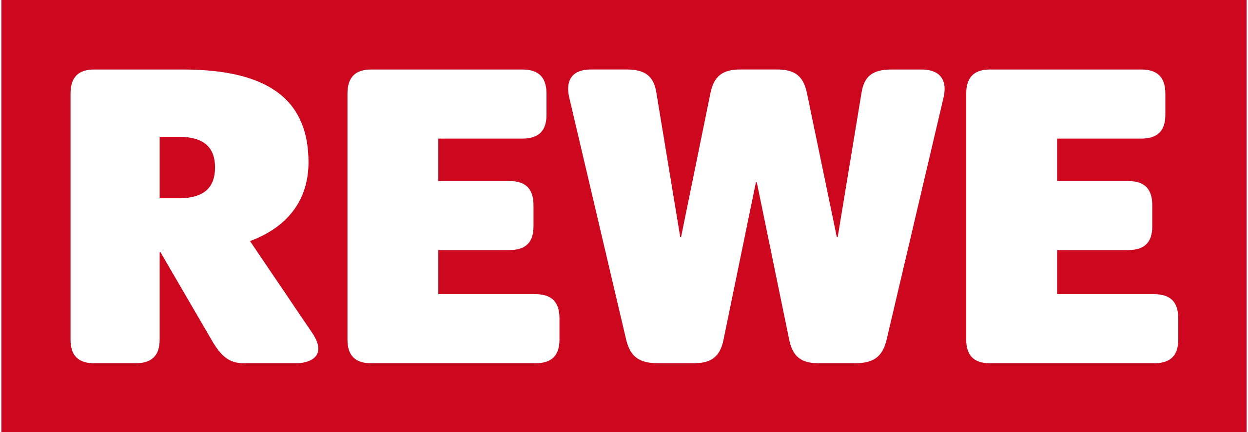 REWE Logo in weißer Schrift auf rotem Hintergrund.
