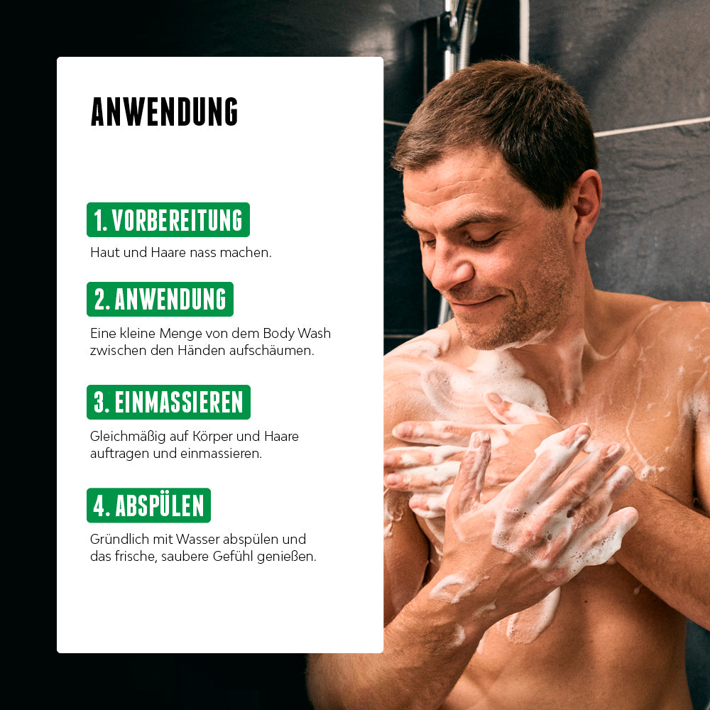 Anwendung des Oud Wood & Santal Body Wash von Brooklyn Soap Company unter der Dusche. Anleitung für optimale Reinigung und Pflege von Haut und Haar.