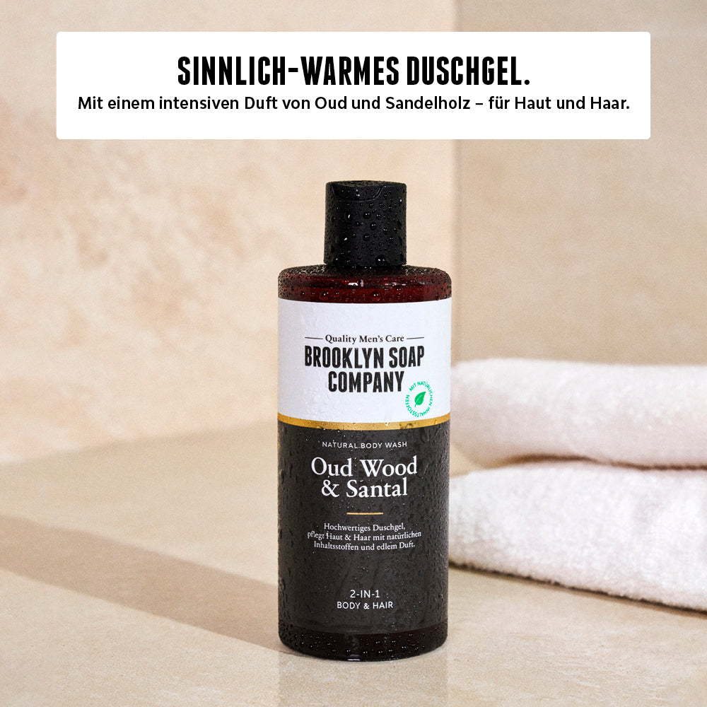 Das Oud Wood & Santal Duschgel von Brooklyn Soap Company mit natürlichem Duft von Oud und Sandelholz. Pflegt Haut und Haare mit sanften, natürlichen Inhaltsstoffen.