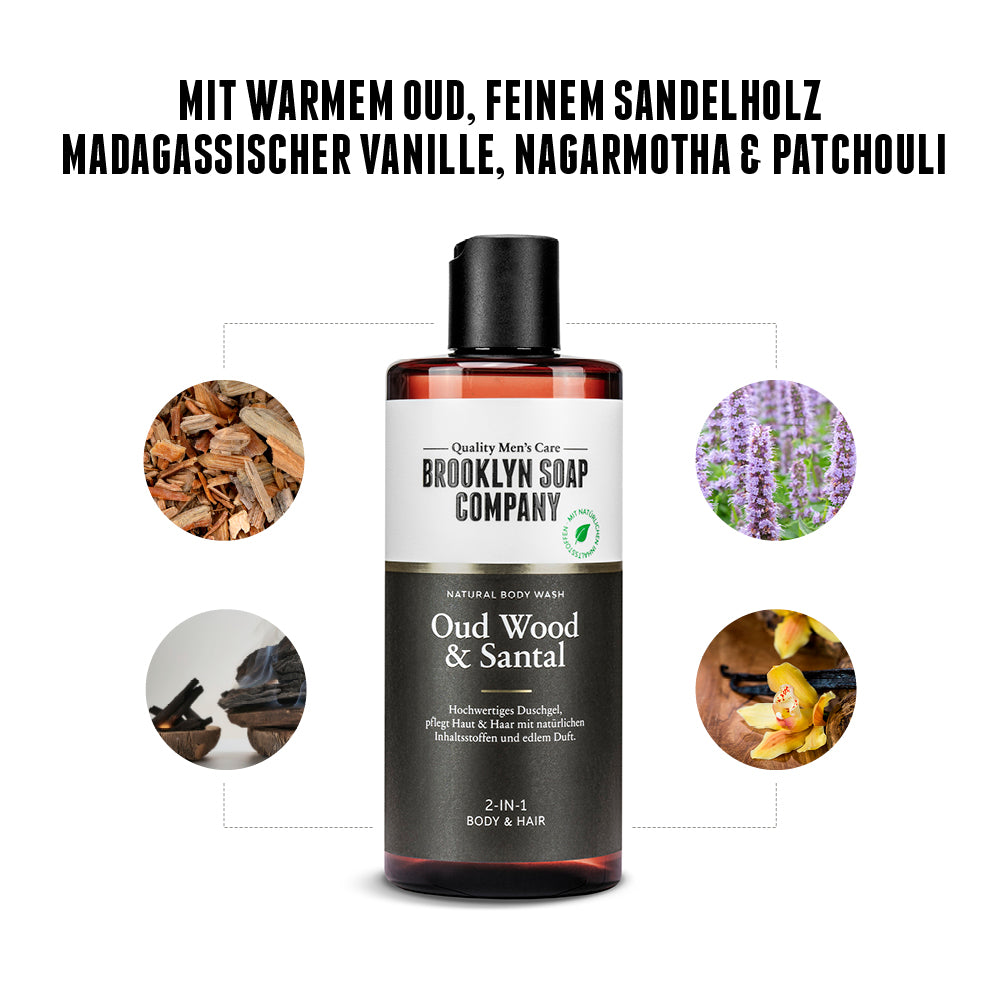 Hochwertige Duftnoten im Oud Wood & Santal Body Wash von Brooklyn Soap Company: Oud, Sandelholz, Vanille, Nagarmotha und Patchouli für einen edlen, maskulinen Duft.