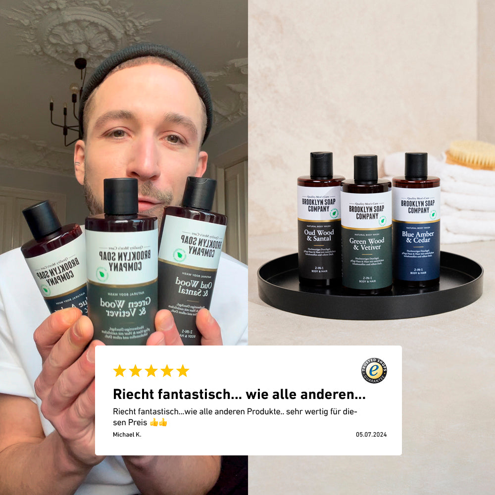 Erfahrungsbericht zum Oud Wood & Santal Duschgel von Brooklyn Soap Company mit positiver Bewertung. Nutzer lobt den angenehmen Duft und die hochwertige Pflege.