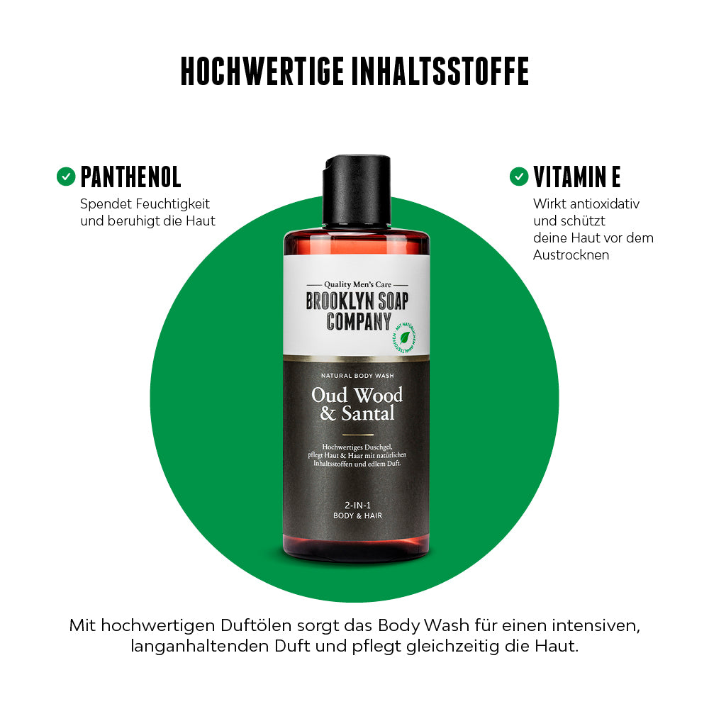 Die natürlichen Inhaltsstoffe im Oud Wood & Santal Duschgel von Brooklyn Soap Company: Panthenol spendet Feuchtigkeit, Vitamin E schützt die Haut vor dem Austrocknen.