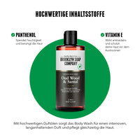 Die natürlichen Inhaltsstoffe im Oud Wood & Santal Duschgel von Brooklyn Soap Company: Panthenol spendet Feuchtigkeit, Vitamin E schützt die Haut vor dem Austrocknen.