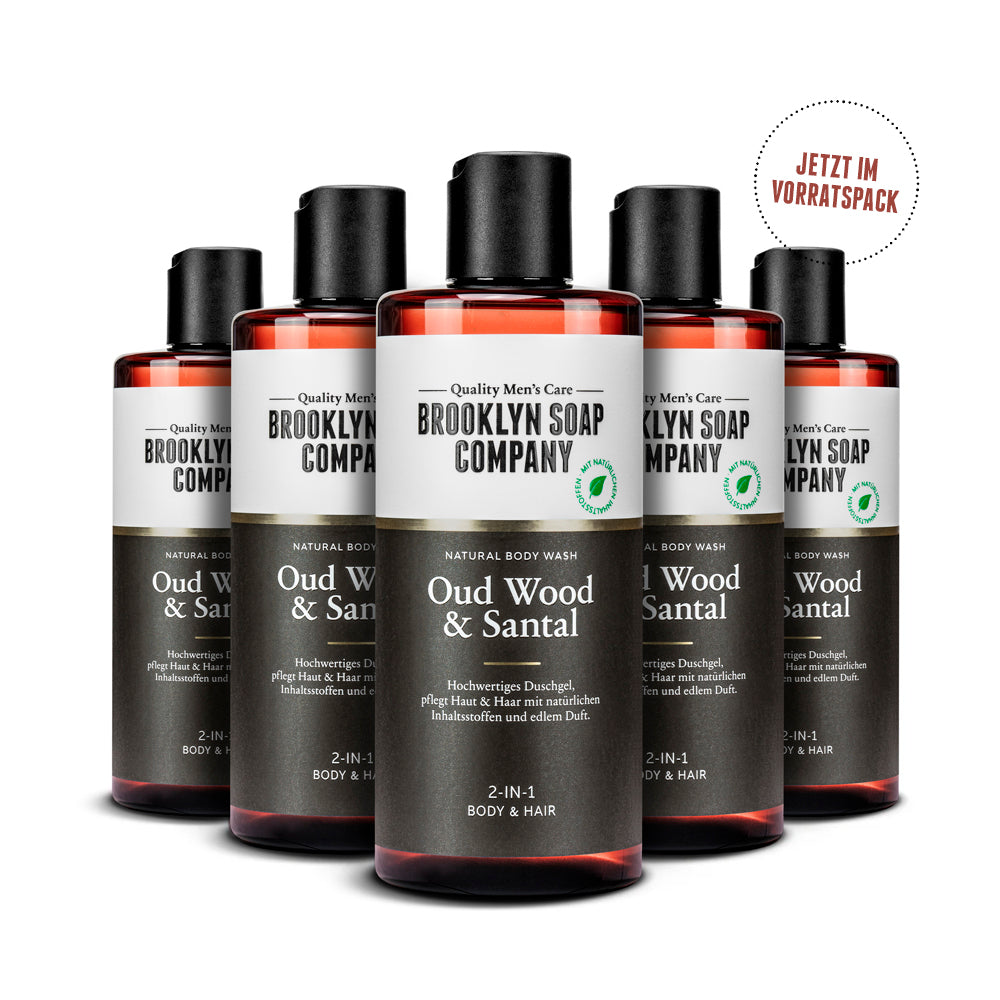 Oud Wood & Santal Duschgel von Brooklyn Soap Company im praktischen Vorratspack. Hochwertige Pflege für Haut und Haar mit langanhaltendem Duft.