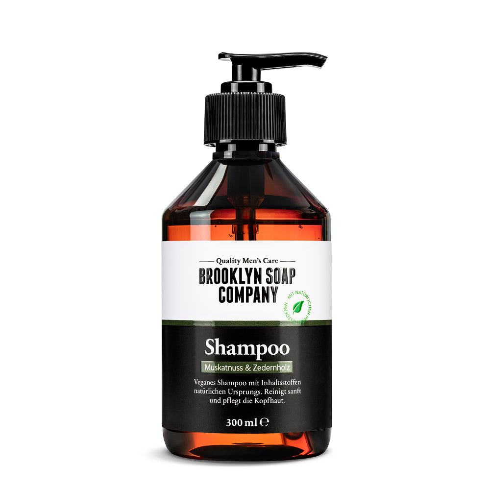 Veganes Shampoo mit natürlichen Inhaltsstoffen von der Brooklyn Soap Company mit Muskatnuss- und Zedernholzduft zur sanften Reinigung von Haar und Kopfhaut.