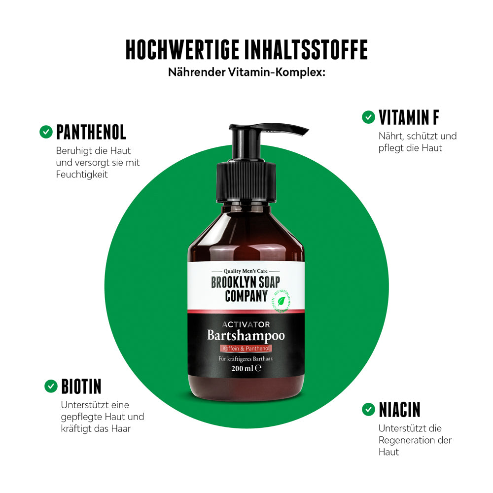 Das Activator Bartshampoo von der Brooklyn Soap Company enthält pflegende Inhaltsstoffe wie Panthenol, Vitamin F, Biotin und Niacin für gestärktes Barthaar und gesunde Haut.