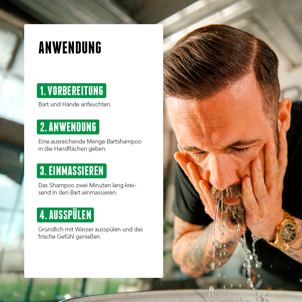 Das Bartshampoo lässt sich einfach anwenden indem man eine kleine Menge Shampoo im feuchten Bart verteilt, einmassiert und gründlich ausspült.