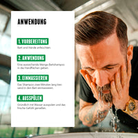 Das Bartshampoo lässt sich einfach anwenden indem man eine kleine Menge Shampoo im feuchten Bart verteilt, einmassiert und gründlich ausspült.