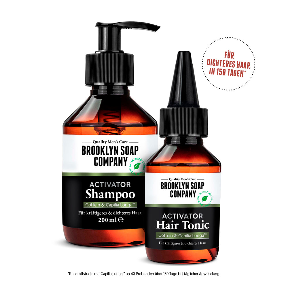 Das Activator Hair Bundle für volleres Haar und weniger Haarausfall bei Männern für sichtbare Ergebnisse in nur 150 Tagen.