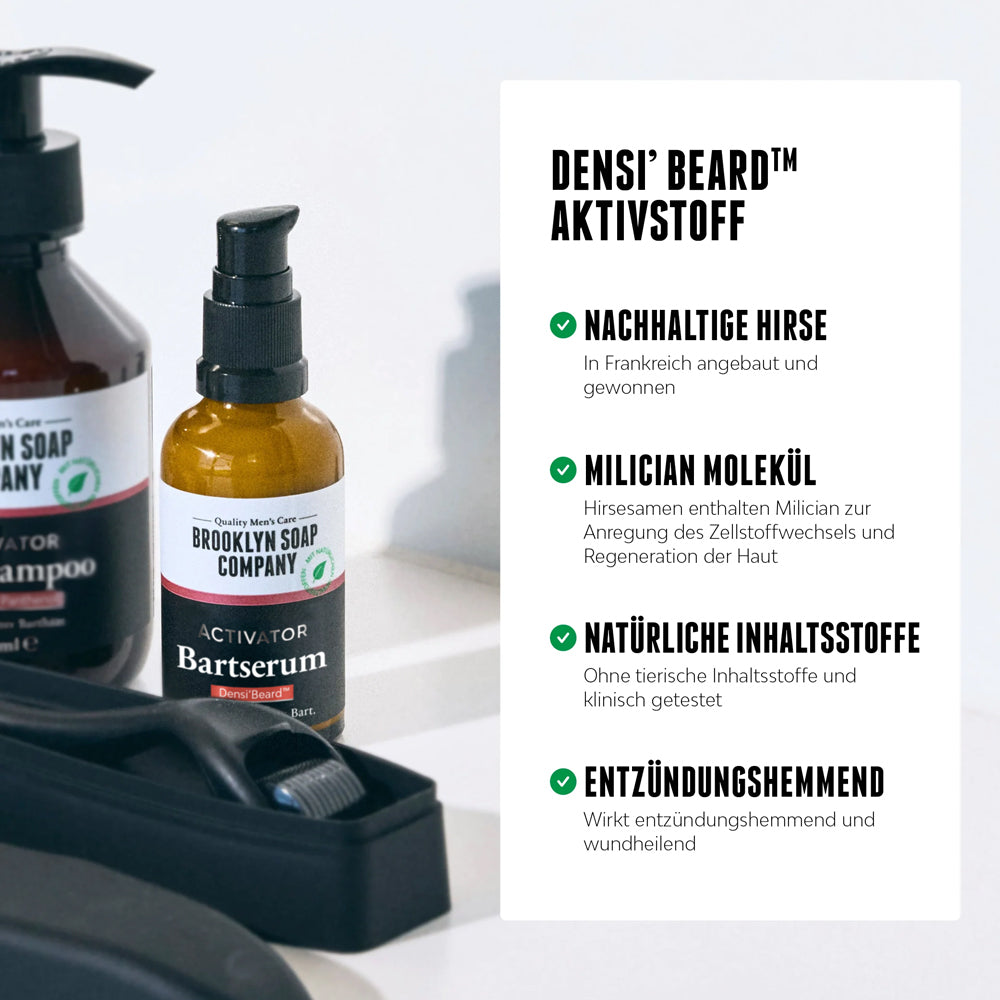 Das Activator Bundle setzt auf den patentierten Aktivstoff Densi' Beard aus nachhaltig angebauter Hirse, der den Bartwuchs fördert und entzündungshemmend und wundheilend wirkt.