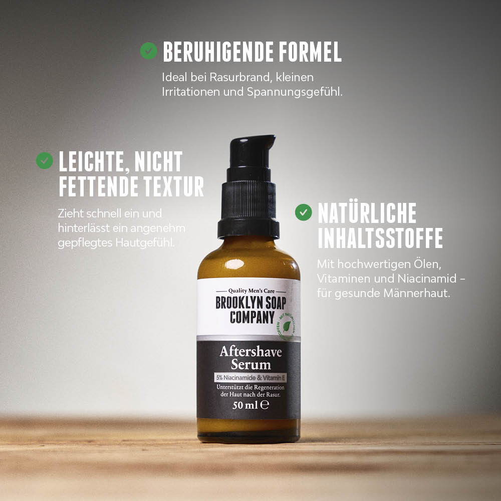 Brooklyn Soap Company Aftershave Serum mit beschrifteten Vorteilen wie beruhigende Formel, nicht fettende Textur und natürliche Inhaltsstoffe.