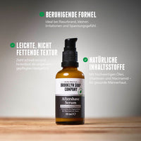 Brooklyn Soap Company Aftershave Serum mit beschrifteten Vorteilen wie beruhigende Formel, nicht fettende Textur und natürliche Inhaltsstoffe.