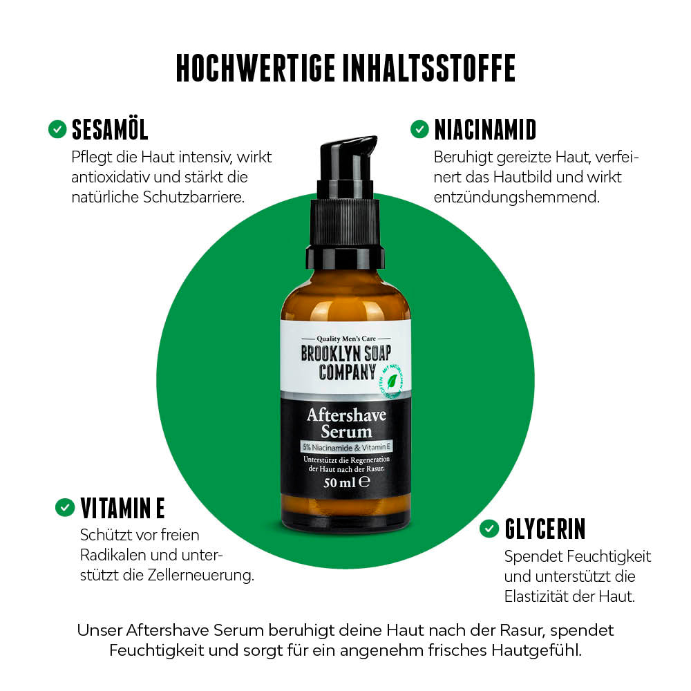 Brooklyn Soap Company Aftershave Serum mit Fokus auf Inhaltsstoffe wie Sesamöl, Niacinamid, Vitamin E und Glycerin zur Hautpflege nach der Rasur.