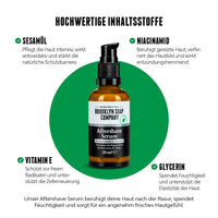 Brooklyn Soap Company Aftershave Serum mit Fokus auf Inhaltsstoffe wie Sesamöl, Niacinamid, Vitamin E und Glycerin zur Hautpflege nach der Rasur.