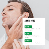 Mann trägt Aftershave Serum auf das Gesicht auf, daneben eine Anleitung in drei Schritten zur richtigen Anwendung des Produkts nach der Rasur.