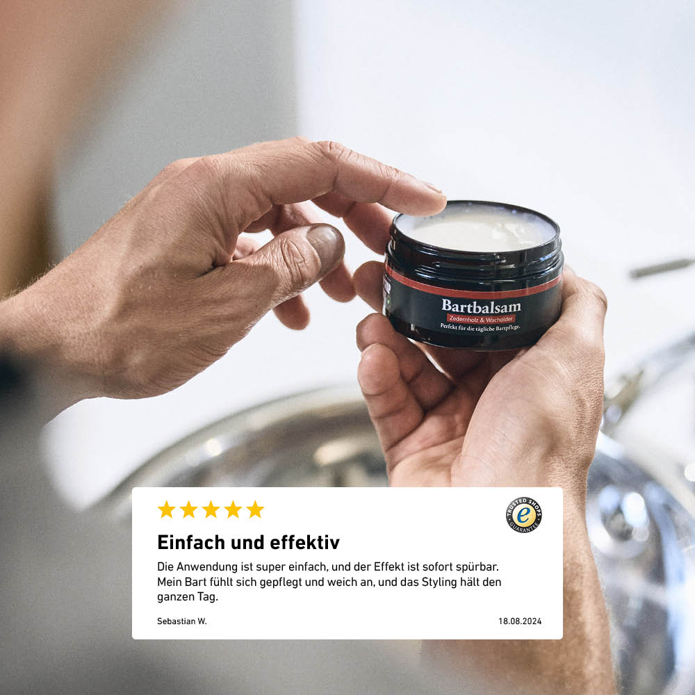 Geöffneter Bartbalsam wird mit dem Finger entnommen, darunter eine Kundenbewertung zur Wirkung und Anwendung.