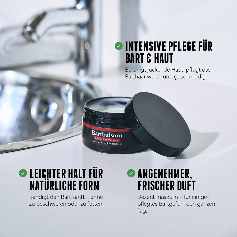 Bartbalsam-Topf neben Waschbecken mit Text zu Pflegewirkung, Duft und leichtem Halt.