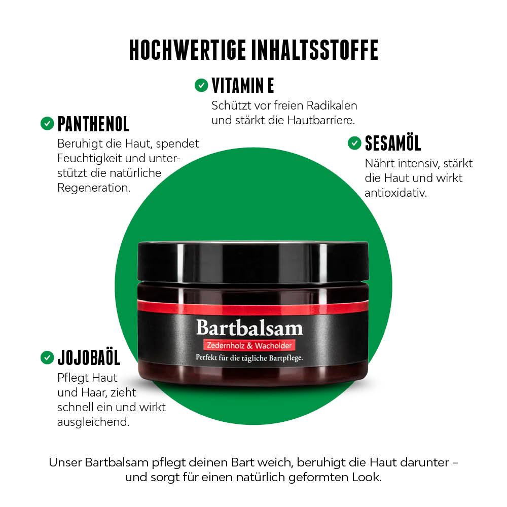 Bartbalsam vor grünem Hintergrund mit Fokus auf Panthenol, Jojobaöl, Vitamin E und Sesamöl.