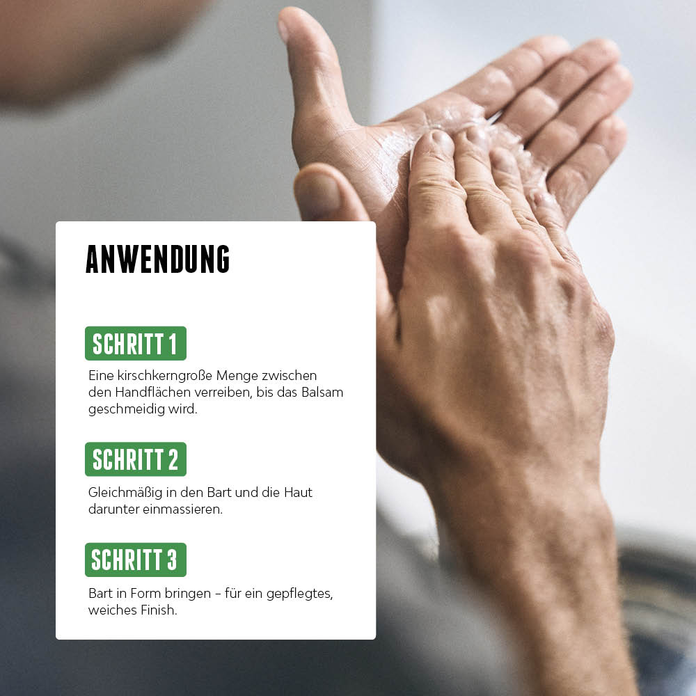Hände reiben Bartbalsam ein, daneben eine Schritt-für-Schritt-Anleitung zur Anwendung.