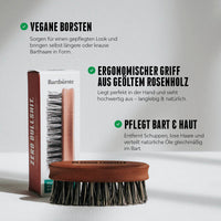 Bartbürste und Verpackung mit Text zu veganen Borsten, ergonomischem Rosenholzgriff und pflegender Wirkung.