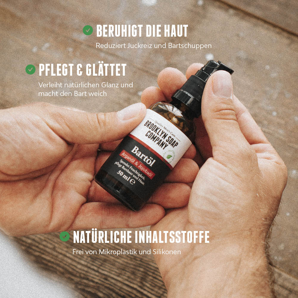 Bartöl von Brooklyn Soap Company mit Hinweisen auf beruhigende, glättende Wirkung und natürliche Inhaltsstoffe.