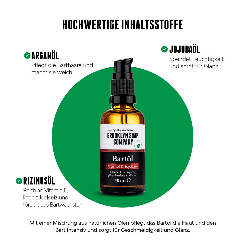 Bartöl von Brooklyn Soap Company mit Auflistung der Hauptinhaltsstoffe Arganöl, Jojobaöl und Rizinusöl.
