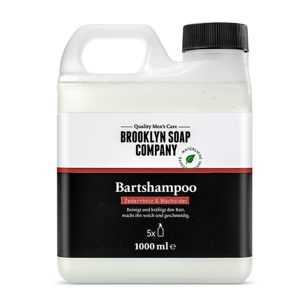 Vorratskanister für das Bartshampoo von der Brooklyn Soap Company 1000 ml mit angenehmen Duft nach Gin Tonic. Es reinigt die Barthaare sanft und pflegt sie nachhaltig.