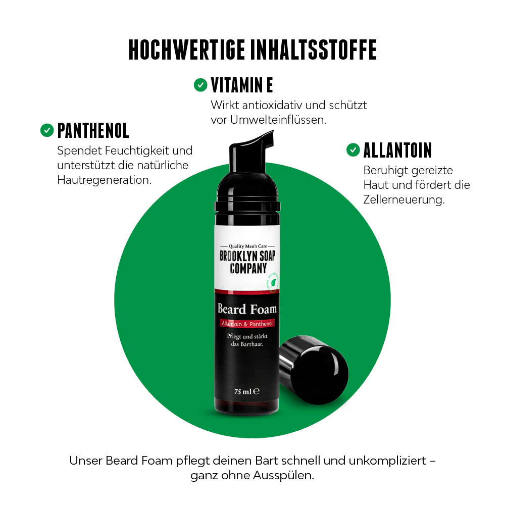 Beard Foam vor grünem Hintergrund mit Fokus auf Panthenol, Vitamin E und Allantoin als pflegende Inhaltsstoffe.