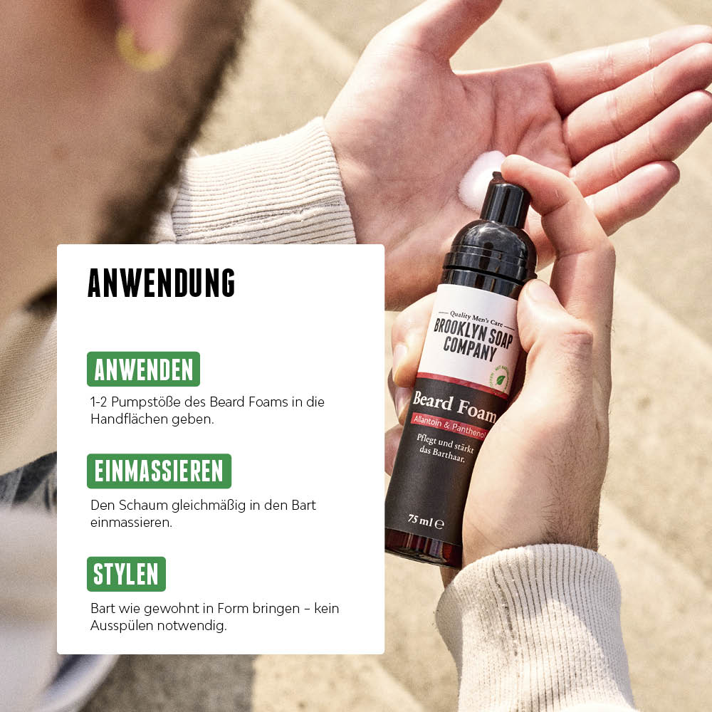 Beard Foam wird in die Hand gegeben, daneben eine Schritt-für-Schritt-Anleitung zur Anwendung des Schaums.