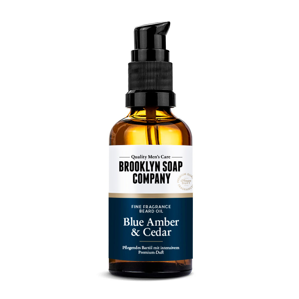 Brooklyn Soap Bartöl – pflegendes Bartöl mit intensivem Premium-Duft in Bernsteinflasche mit Pumpspender.