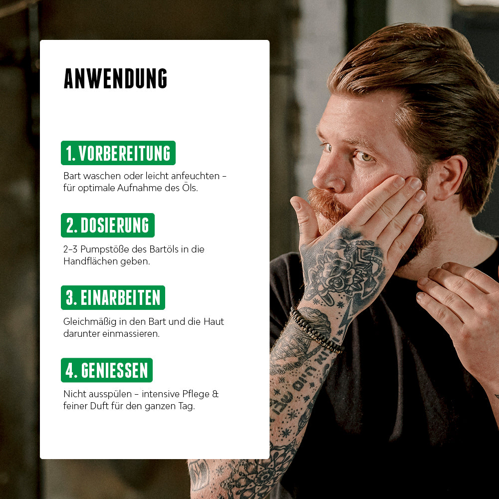 Anwendung des Brooklyn Soap Bartöls: Ein Mann trägt Bartöl auf sein Gesicht auf, daneben eine Schritt-für-Schritt-Anleitung zur Anwendung in vier Phasen – Vorbereitung, Dosierung, Einarbeiten und Genießen.