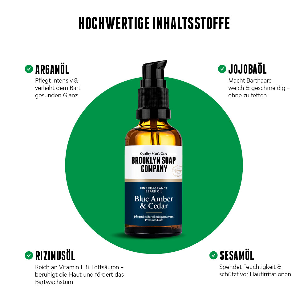 Brooklyn Soap Bartöl Blue Amber & Cedar in der Mitte, umgeben von Icons zu hochwertigen Inhaltsstoffen: Arganöl, Jojobaöl, Rizinusöl und Sesamöl – jeweils mit kurzer Wirkungserklärung.