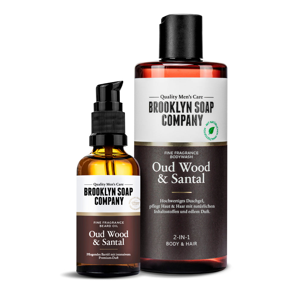 Brooklyn Soap Bartöl und Duschgel Oud Wood & Sandal – braune Glasflasche mit Pumpspender und passende Duschgel-Flasche im Set, vor weißem Hintergrund.