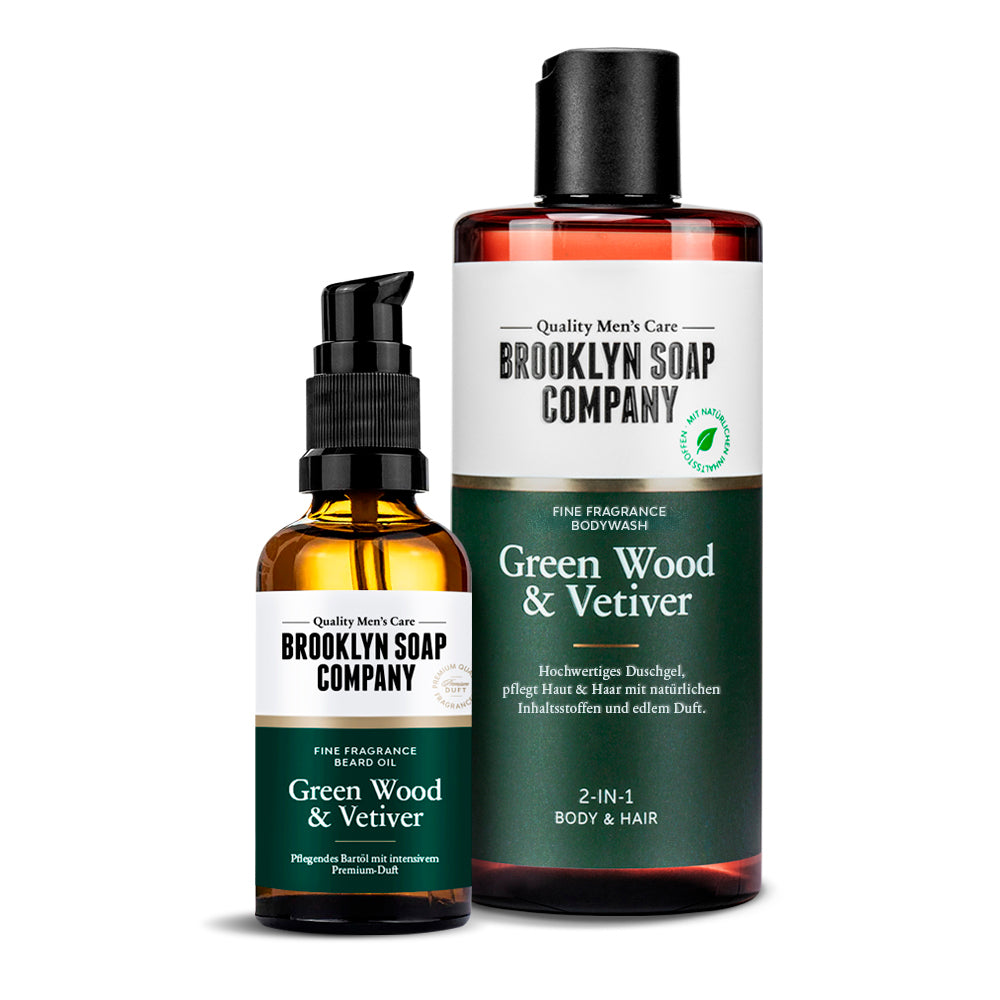 Brooklyn Soap Bartöl und Duschgel Green Wood & Vetiver – braune Glasflasche mit Pumpspender und passende Duschgel-Flasche im Set, vor weißem Hintergrund.
