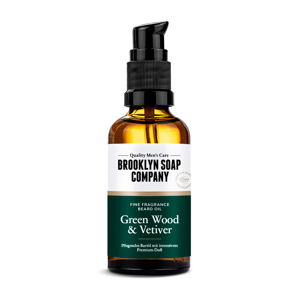 Brooklyn Soap Bartöl – pflegendes Bartöl mit intensivem Premium-Duft in Bernsteinflasche mit Pumpspender.