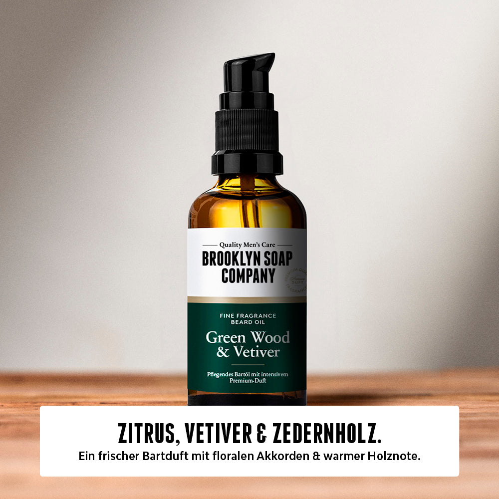 Brooklyn Soap Bartöl Green Wood & Vetiver auf Holzuntergrund