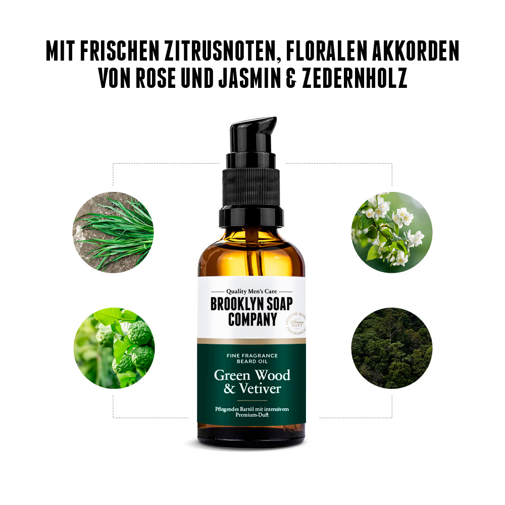 Brooklyn Soap Bartöl Green Wood & Vetiver in der Mitte, umgeben von Duftsymbolen für Zitrus, Rose, Jasmin, Vetivergras und Zedernholz – mit dem Hinweis auf frische Zitrusnoten und florale Akkorde.