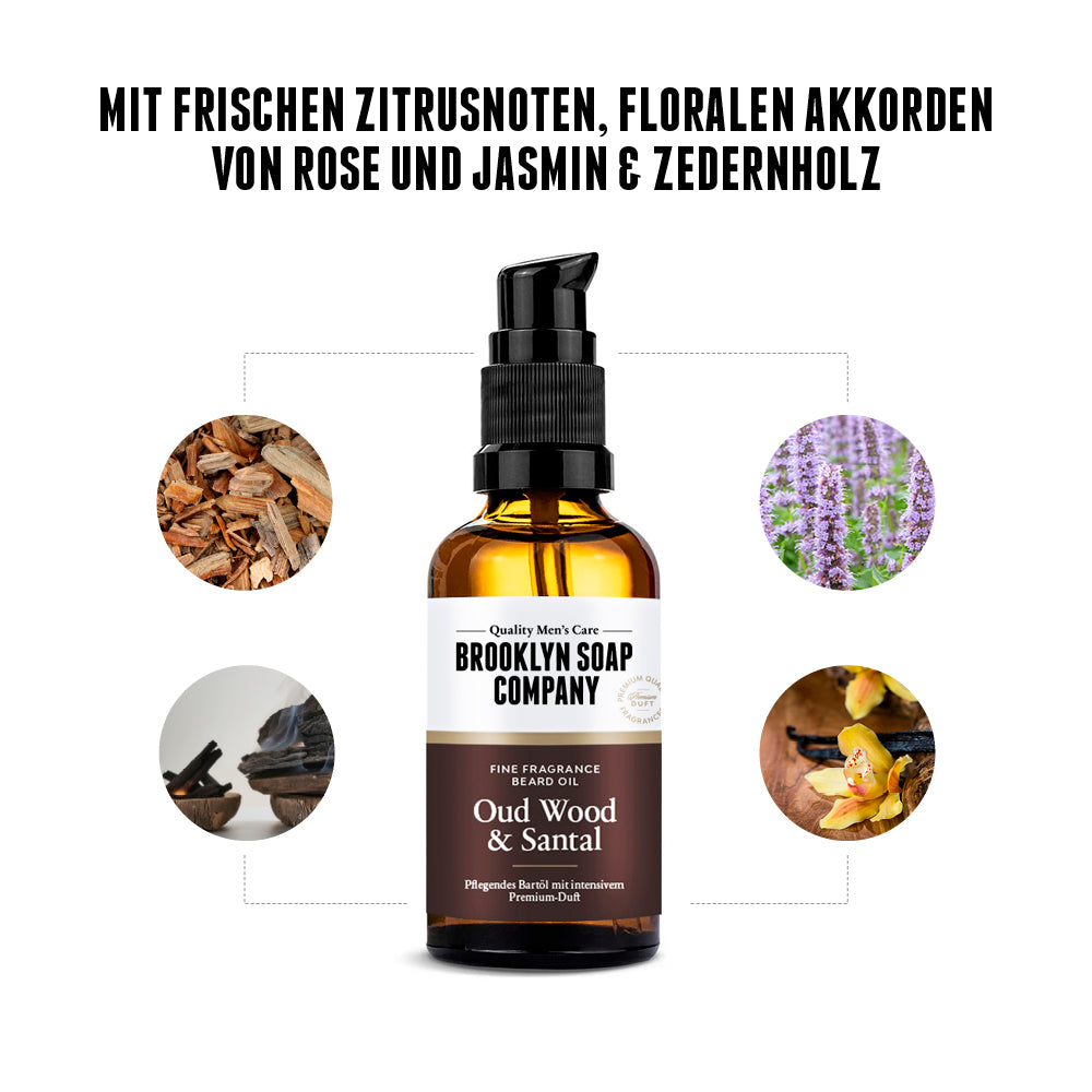 Brooklyn Soap Bartöl Oud Wood & Santal in der Mitte, umgeben von Duftsymbolen für Oud-Holz, Sandelholz, Lavendel, Vanille und Weihrauch – mit Hinweis auf Zitrusnoten und florale Akkorde von Rose und Jasmin.