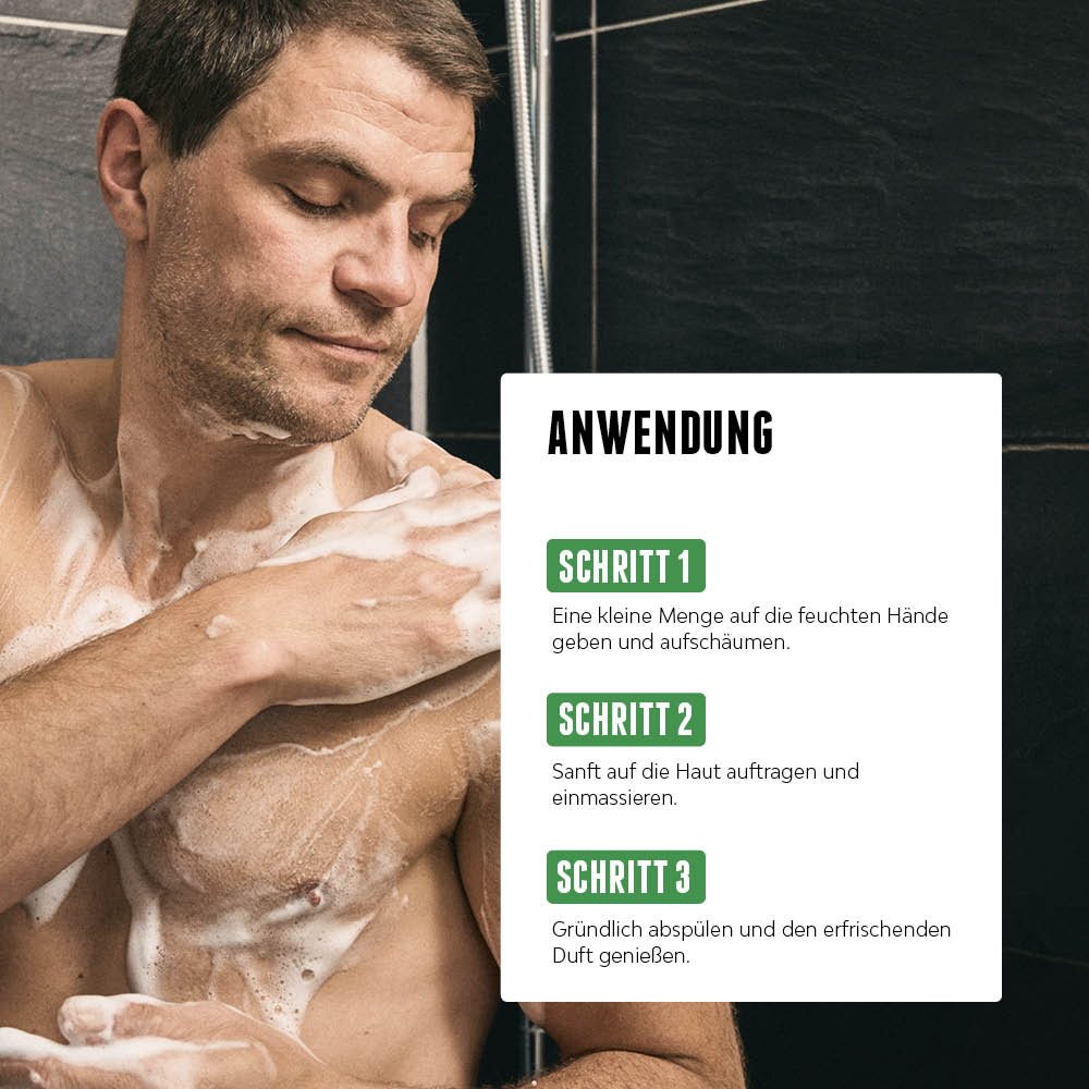 Mann unter der Dusche seift sich ein, daneben Schritt-für-Schritt-Anleitung zur Anwendung des Body Washes von der Brooklyn Soap Company.