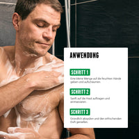Mann unter der Dusche seift sich ein, daneben Schritt-für-Schritt-Anleitung zur Anwendung des Body Washes von der Brooklyn Soap Company.