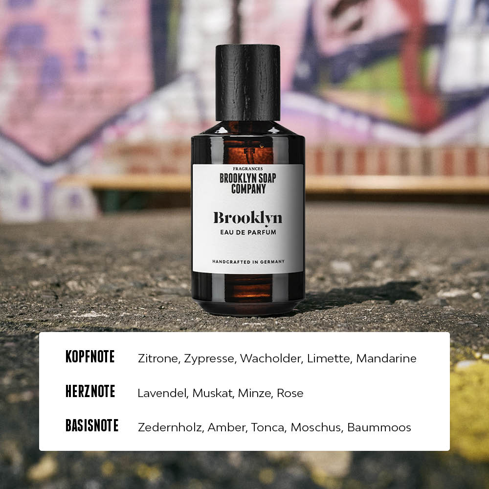 Brooklyn Eau de Parfum für Männer von der Brooklyn Soap Company mit Duftnoten aus Zitrone, Wacholder, Lavendel und Amber für einen eleganten und frischen Herrenduft.