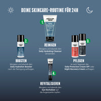 Grafik zeigt Tages- & Abendroutine mit Brooklyn Soap Produkten: Cleanser, Booster, Eye Revitalizer & Night Cream.