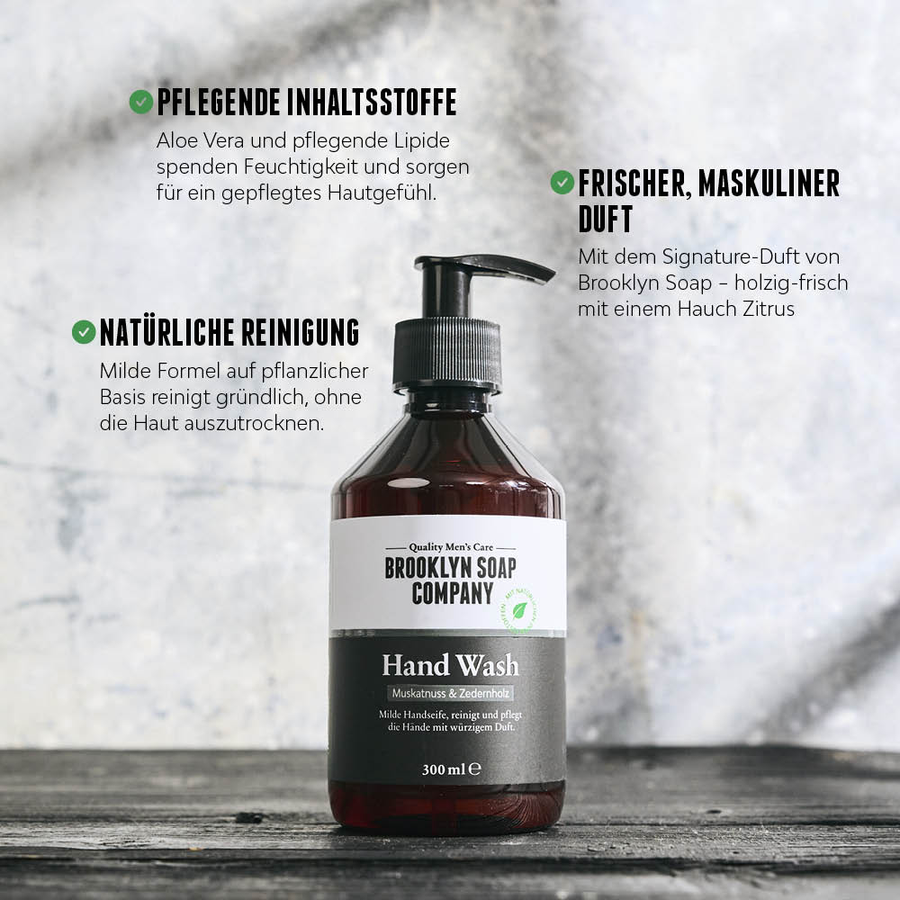 Hand Wash Flasche mit Text-Overlays zu natürlichen Inhaltsstoffen, Reinigung und maskulinem Duft.