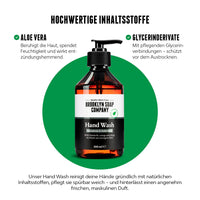 Hand Wash vor grünem Kreis mit Fokus auf Aloe Vera und Glycerin als pflegende Hauptbestandteile.