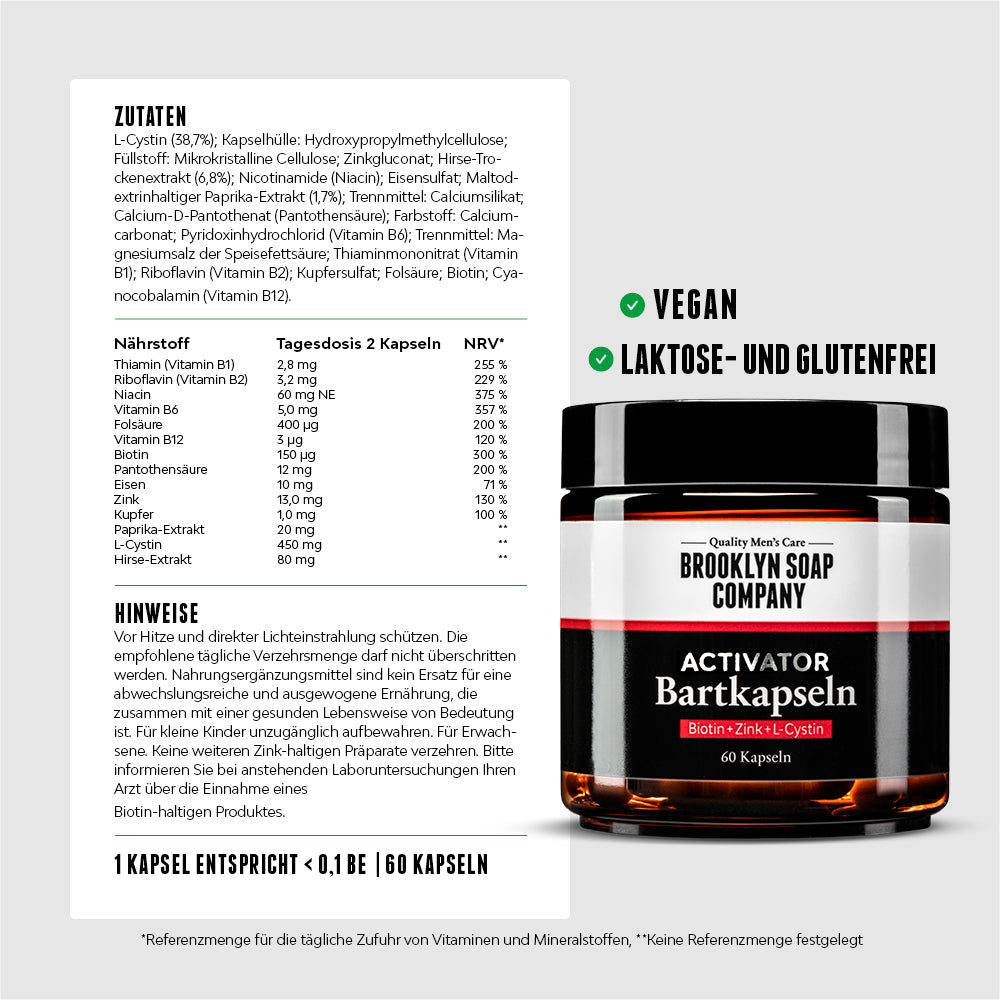 Das Activator Beard Bundle mit Bartkapseln mit Biotin, Zink und L-Cystin für besseres Bartwachstum zur täglichen Anwendung bei Männern.