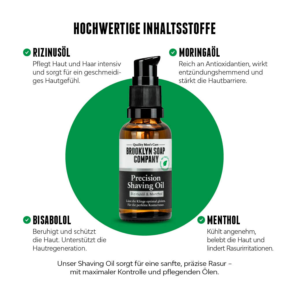 Flasche des Shaving Oils vor grünem Hintergrund mit Fokus auf Rizinusöl, Moringaöl, Bisabolol und Menthol.