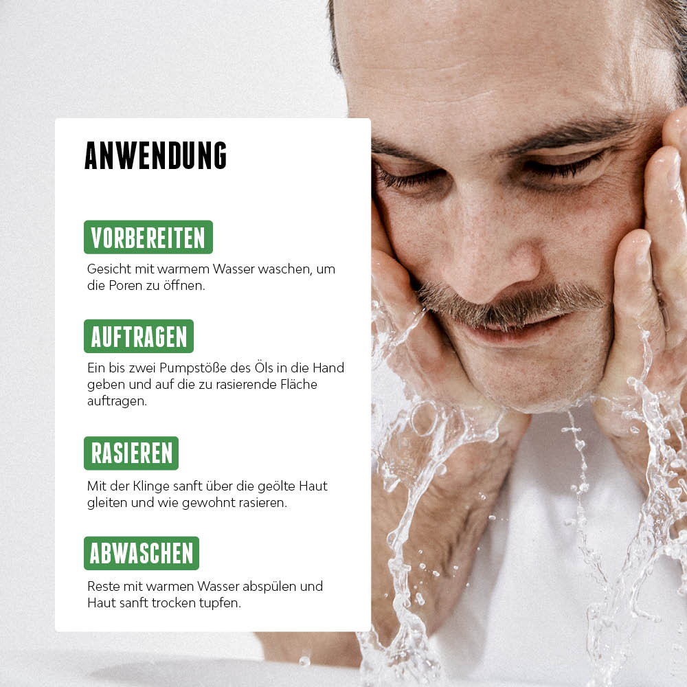 Mann wäscht sich das Gesicht mit Wasser, daneben Anwendungsschritte vom Auftragen bis zum Abwaschen.