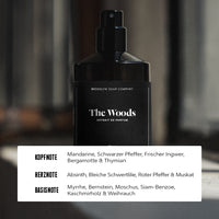 The Woods Extrait de Parfum von der Brooklyn Soap Company mit vielschichtiger Duftkomposition für Männer: frische Kopfnote mit Mandarine, schwarzem Pfeffer und Bergamotte, gefolgt von aromatischer Herznote mit Absinth und rotem Pfeffer sowie einer holzig-würzigen Basisnote aus Kaschmirholz, Myrrhe und Weihrauch.